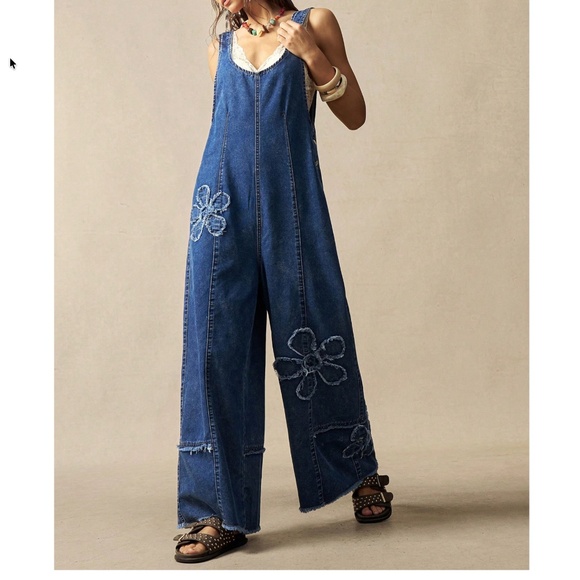 Denim - Boho Dark Wash Floral Patchwork Wide leg Denim Bib Overalls Jumpsuit